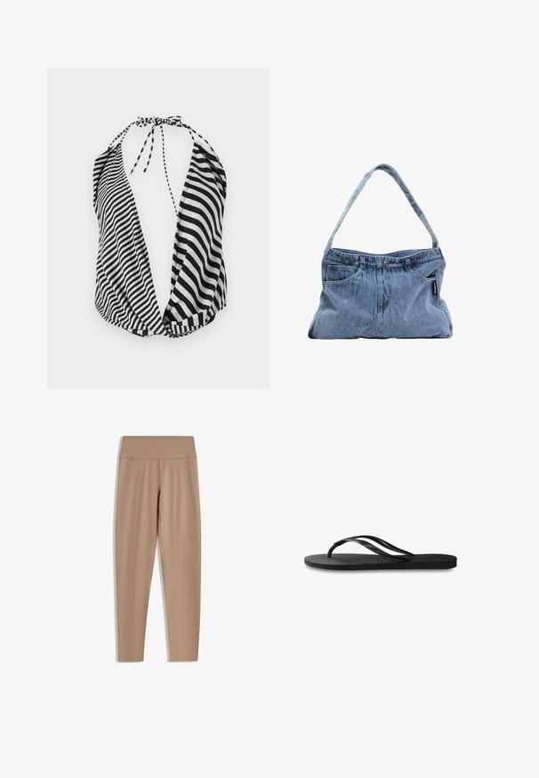 Zwart-wit gestreepte haltertop met een diepe halslijn, striksluiting bij de nek en zachte, lichte stof.; Tan leggings met een hoge tailleband, gemaakt van een gladde, rekbare stof. Kenmerkend zijn de gestroomlijnde pasvorm en ontbreken van zichtbare hardware of patronen.; Zwarte flip-flop met een gestructureerde rubberen zool, twee slanke banden en een subtiele, ingedrukte logo-detail op de band.; Denim schoudertas met een gebogen hengsel, twee voorzakken en een knoopsluiting aan de bovenkant, met lichtblauwe stof en contrasterende stiksels.