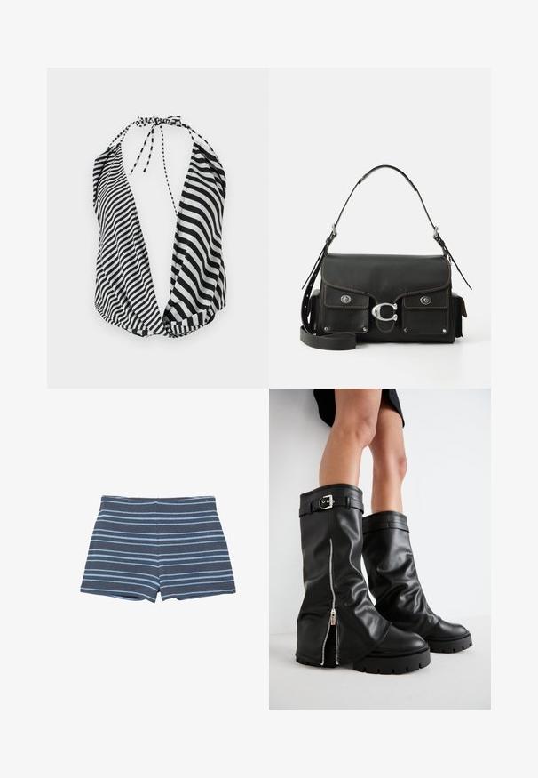 Čierno-biely pruhovaný halter top s hlbokým výstrihom, viazaním na krku a mäkkou, ľahkou tkaninou.; Tmavomodré pletené šortky so svetlomodrými horizontálnymi pruhmi, s priliehavým pásom a dĺžkou do polovice stehna.; Čierne kožené vysoké čižmy po kolená s širokým nohavičkou, so bočným zipsom a detailom s prackou, štruktúrovaným povrchom a robustnou gumovou podrážkou.; Čierna kožená kabelka s klopou, striebornými kovovými prvkami, dvoma prednými vreckami, kontrastným prešívaním a odnímateľným ramenným popruhom.