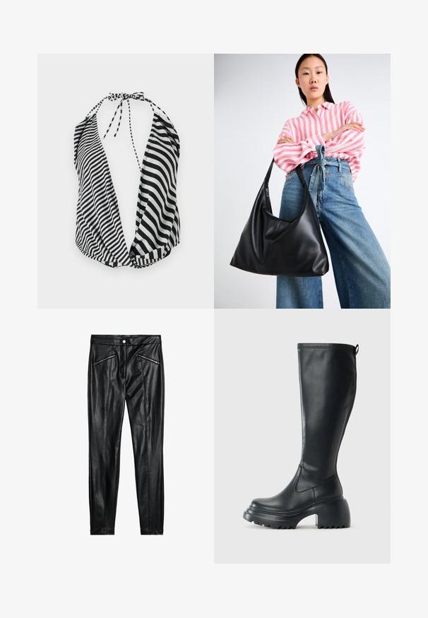 Melnās un baltās svītrainas halter topiņš ar dziļu kakla izgriezumu, kakla aizdare ar saitēm un mīksta, viegla auduma.; Melnas ādas bikses ar pieguļošu dizainu, divām rāvējslēdzēju priekšējām kabatām un gludu tekstūru ar spīdīgu apdari.; Augstas melnas ādas zābakus ar masīvu platformu un bloka papēdi, ar vilkšanas cilpu un strukturētu profilu uz ārējā zoles.; Melnas ādas plecu soma ar vaļīgu formu un šuvju detaļām. Modelis valkā rozā un baltu svītrainu kreklu ar plaša kāju ziliem džinsiem.
