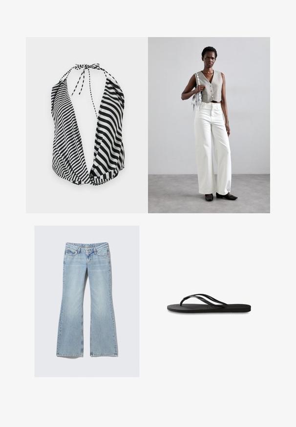 Črna in bela črtasta halter majica z globokim izrezom, zavezovanjem okoli vratu in mehkega, lahkega materiala.; Weekday NOVA - Kavbojke slim fit - lip blue; Črne natikače z teksturirano gumijasto podlogo, dvema ozkima trakoma in subtilnim, vtisnjenim logom na traku.; Siv prirezani telovnik z gumbi, v kombinaciji z belimi širokimi kavbojkami in črnimi ravnimi čevlji. Opremljen z majhno srebrno torbico z resicami.