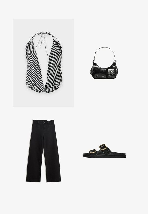 Halter top s černobílými pruhy a hlubokým výstřihem, s uvázáním na krku a měkkou, lehkou tkaninou.; Černé denimové kalhoty s volným střihem a vysokým pasem, vybavené předními a zadními kapsami, prošívanými švy a knoflíkovým zapínáním. Hladká textura.; Černé kluzné sandály s dvěma zlatými sponami, hladkým texturovaným materiálem, plochou podrážkou a minimalistickým designem.; Černá lakovaná kožená kabelka s křivkovým tvarem, jedním ramenním popruhem, předními kapsami a stříbrnými kovovými detaily.