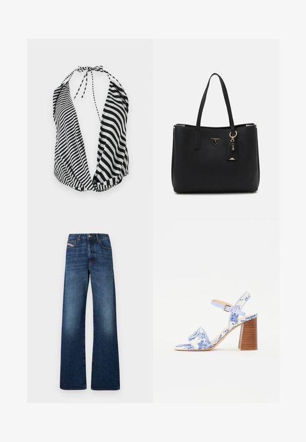 Schwarz-weiße gestreifte Halterneck-Bluse mit tiefem Ausschnitt, Bindeverschluss am Hals und weichem, leichtem Stoff.; Weit geschnittene Jeans aus dunkelblauem Denim, mit hoher Taille, fünf Taschen und kontrastierenden Nähten entlang der Nähte.; Blaue sandaletten mit Blumenmuster, quadratischer Zehenpartie, breitem Riemen und verstellbarem Knöchelriemen, ausgestattet mit einem strukturierten Holzblockabsatz.; Schwarze Tragetasche aus strukturiertem synthetischem Material, mit zwei Griffen, einem goldenen Logo-Schild und einem kleinen Anhänger mit Akzentdetail.