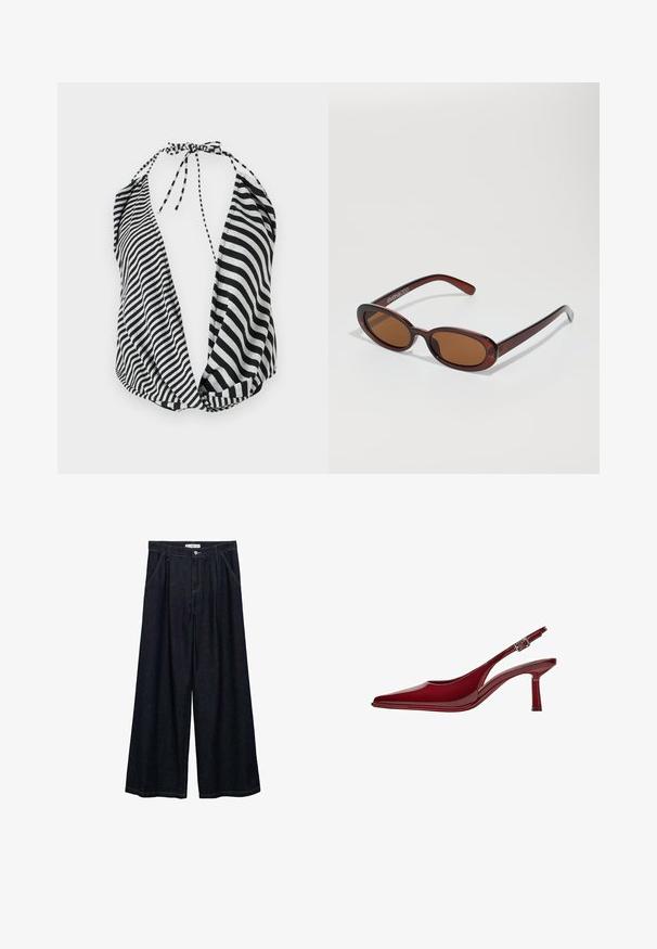 Schwarz-weiße gestreifte Halterneck-Bluse mit tiefem Ausschnitt, Bindeverschluss am Hals und weichem, leichtem Stoff.; Dunkelblaue, weite High-Waist-Hosen aus Denim mit einem Knopfverschluss vorne, zwei Seitentaschen und Nähdetails.; Bershka Pumps - dark red; Runde, braun getönte Sonnenbrillen mit einem glänzenden burgunderfarbenen Rahmen. Schlanke Bügel mit dezentem Branding. Flaches Linsendesign.; Schwarze Lederhandtasche mit geflochtenen Tragegriffen, texturiertem Oberflächen, einem Reißverschluss-Frontfach und dekorativen Fransenakzenten. Kompakte und strukturierte Form.