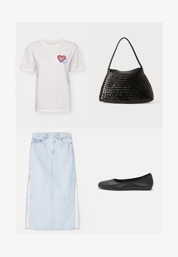 White cotton t-shirt featuring a small, multicolored heart design on the left chest area, with red and blue stripes and text.; Light blue denim maxi skirt with a straight cut, featuring side slits and five-pocket design. Prominent stitching and metal button closure.; Black leather ballet flat with a rounded toe, smooth texture, minimal stitching detail, and a flexible sole design.; Black woven leather handbag with a curved, soft shape and a single braided strap, featuring a smooth texture and an intricate pattern.