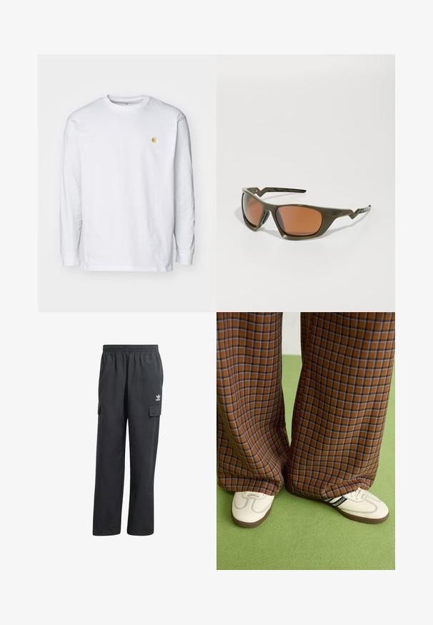Camisola de manga longa branca feita de algodão. Apresenta um pequeno logótipo dourado no peito e um decote redondo. Design simples e ajuste padrão.; Calças cargo pretas com um cós elástico, dois bolsos laterais e um logótipo subtil na coxa esquerda. Feitas de um tecido leve.; Calças largas em padrão xadrez castanho e azul, combinadas com sapatos brancos com detalhes pretos e solas texturizadas, contra um fundo verde.; Óculos de sol verde-oliva com lentes retangulares e vidro laranja, apresentando uma armação texturizada e templos angulares distintos.