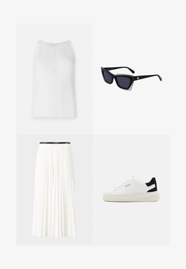 Valge kudumine tank top, millel on tekstuuriga muster, ümar kaelus ja laiad varrukad; esindab eristatavaid vertikaalseid ja horisontaalseid kudumisdetailsusi.; Kurtitudega valge seelik musta elastse vööga, millel on "LACOSTE" logo. Keskmise pikkusega disain pehme tekstuuriga.; Valged nahast tennisetossud paksu valge tallaga, musta sametist kontsakeeuga ja külje peal riigilogo reljeefne kujundus. Lukkeskeem kuue silmaauguga.; Mustad suured mustad prillid geomeetrilise kujuga, tumedate läätsedega ja kontrastse halli detailiga raamidel. Logo käe peal.