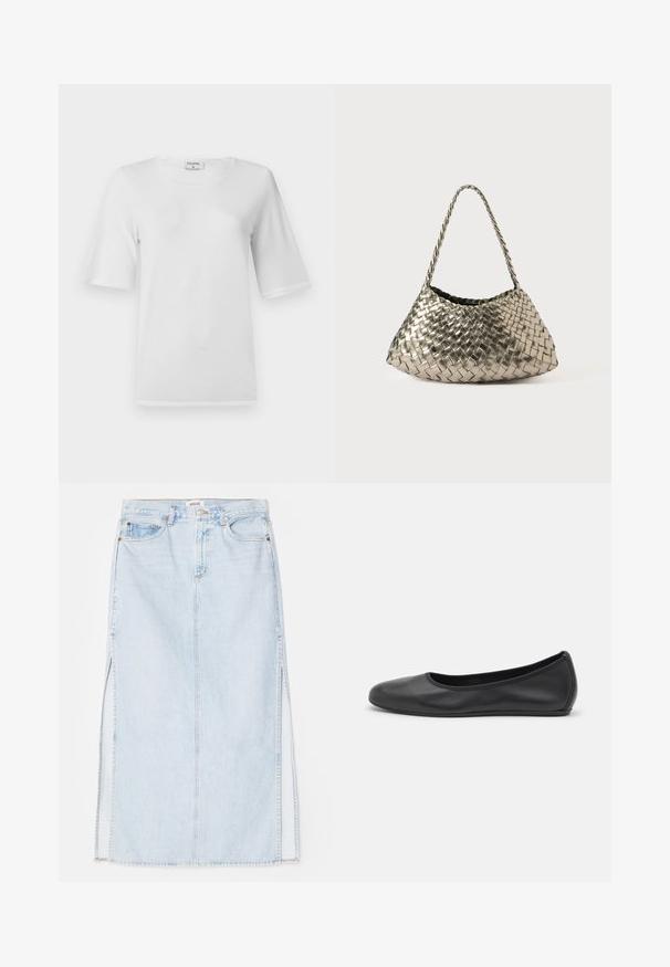 Valkoinen t-paita, jossa on lyhyet hihat ja pyöreä pääntie. Valmistettu pehmeästä puuvillakankaasta. Ominaisuus on selkeä muotoilu ilman näkyviä kuvioita tai aksentteja.; Vaaleansininen farkkumaxi-hame, jossa on suora leikkaus, sivuaukot ja viisitaskumallinen muotoilu. Korostetut saumat ja metallinappikiinnitys.; Musta nahkainen ballerina, jossa on pyöristetty kärki, sileä pinta, minimaalinen ommelkoristelu ja joustava pohjamuotoilu.; Metallinen kudottu käsilaukku kolmiomaisella muotoilulla, jossa on punottu hihna ja samettivuorattu sisus. Väri: hopea. Kosti: sileä ja kankaanomainen.