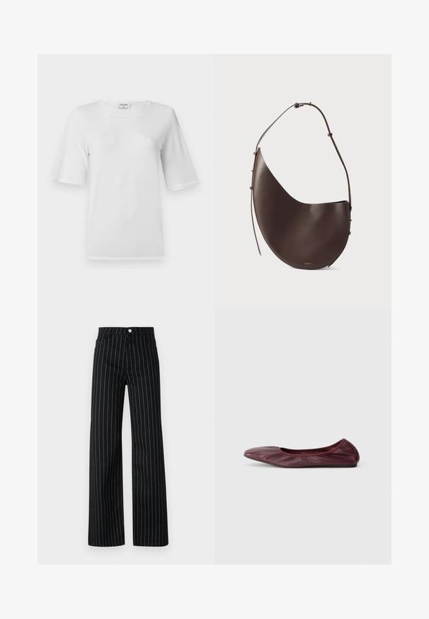 Witte T-shirt met korte mouwen en een ronde halslijn. Gemaakt van zacht katoen. Heeft een strak ontwerp zonder zichtbare patronen of accenten.; Zwarte broek met wijde pijpen en verticale blauwe streepjes, met een klassieke vijf-pocketontwerp en een sluiting met knoop aan de voorkant.; Ballet flats in diep bordeauxleer, met een rond neuspunt, elastische rand en een gladde textuur met subtiele plooidetails.; Bruine leren handtas met een gebogen vorm, enkele schouderband en minimalistisch ontwerp. Heeft een subtiel logo en gouden hardware accenten.