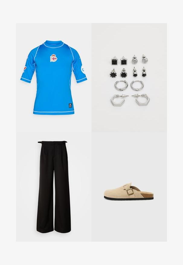 Blue short-sleeve sports shirt with a high collar, featuring a logo on the chest and contrasting white stitching along the seams.; Black wide-leg trousers with a high waistband, featuring pleats and tie accents on the sides, made from a smooth, structured fabric.; Beige suede slide-on clogs with a cork footbed, rounded toe, and a simple strap featuring a gold-tone buckle. Rubber sole for grip.; Silver-tone earrings set, featuring two pairs of hoop earrings and six stud pairs with various shapes and textures, including black accents.