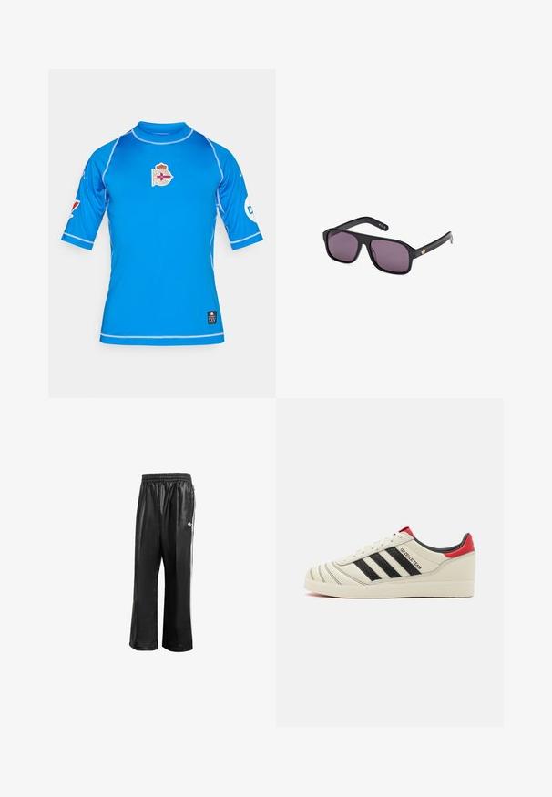 Niebieska sportowa koszulka z krótkim rękawem, z wysokim kołnierzem, z logo na piersi i kontrastującym białym przeszyciem wzdłuż szwów.; Czarne syntetyczne spodnie dresowe z elastycznym pasem, z białymi paskami po bokach i małym białym logo na lewym biodrze.; Kremowe skórzane sneakersy z czarnymi paskami, czerwonymi akcentami na pięcie i teksturowanymi detalami. Posiadają gumową podeszwę i sznurowane zapięcie.; Czarne okulary przeciwsłoneczne z kwadratową oprawką, ciemnymi soczewkami i złotym logo na zauszniku. Gładki plastikowy materiał z matowym wykończeniem.