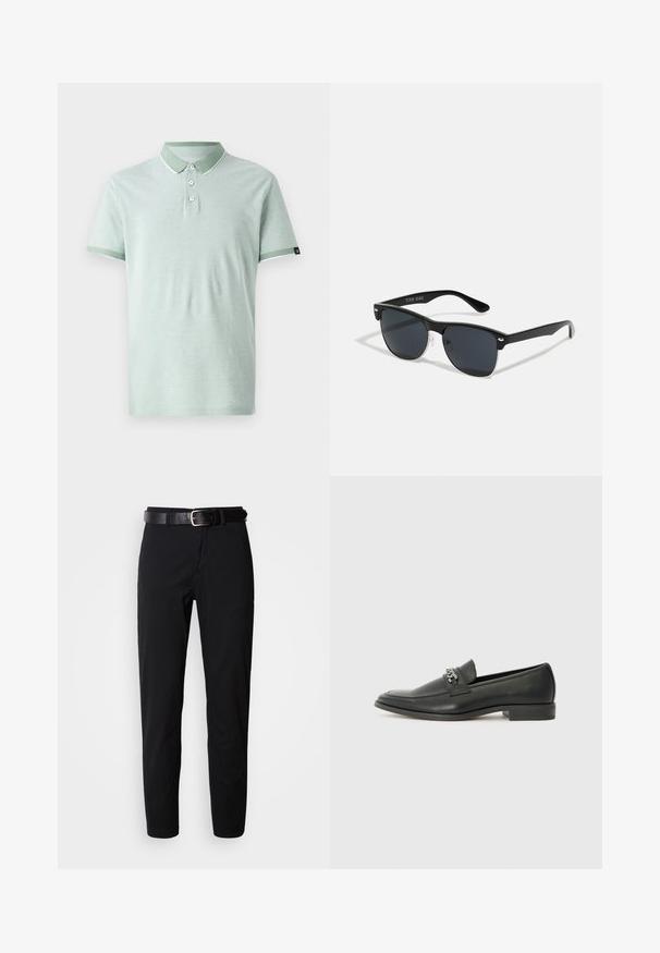 Světle zelené polo tričko vyrobené z měkké tkaniny, s klasickým límcem, třemi knoflíky a bílými akcenty na límci a rukávech.; Černé kalhoty s rovný střih, s hladkým povrchem a černým koženým pásem se stříbrnou sponou. Jednoduchý design, bez vzorů nebo doplňků.; Černé kožené mokasíny s hladkým povrchem, s prošívaným designem a dekoračním kovovým řetízkem přes nárt. Plochý podpatek.; Černé sluneční brýle s obdélníkovým tvarem, tmavými skly, stříbrnými akcenty na spáncích a matným povrchem rámu.