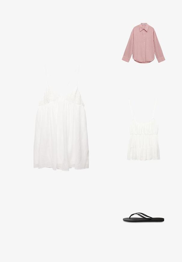 Vit ärmlös topp i lättviktsmaterial. Har en volangnedkant och rynkade detaljer vid bysten med justerbara axelband.; Långärmad skjorta i ljusrosa med vertikala vita ränder. Har en spetsig krage, framknappar och en rundad nederkant. Mjuk tyger texture.; Vit, ärmlös topp med känsliga spetsdetaljer på bysten, flytande tyg och justerbara band. Texturerat, lätt material.; Svart flip-flop med en texturerad gummisula, två slanka remmar och en subtil, präglad logodetalj på remmen.; Brun tygaxelväska med en bred, rundad kropp och ett stort utskärningshandtag. Mjukt material, minimalistisk design och ingen synlig hårdvara.