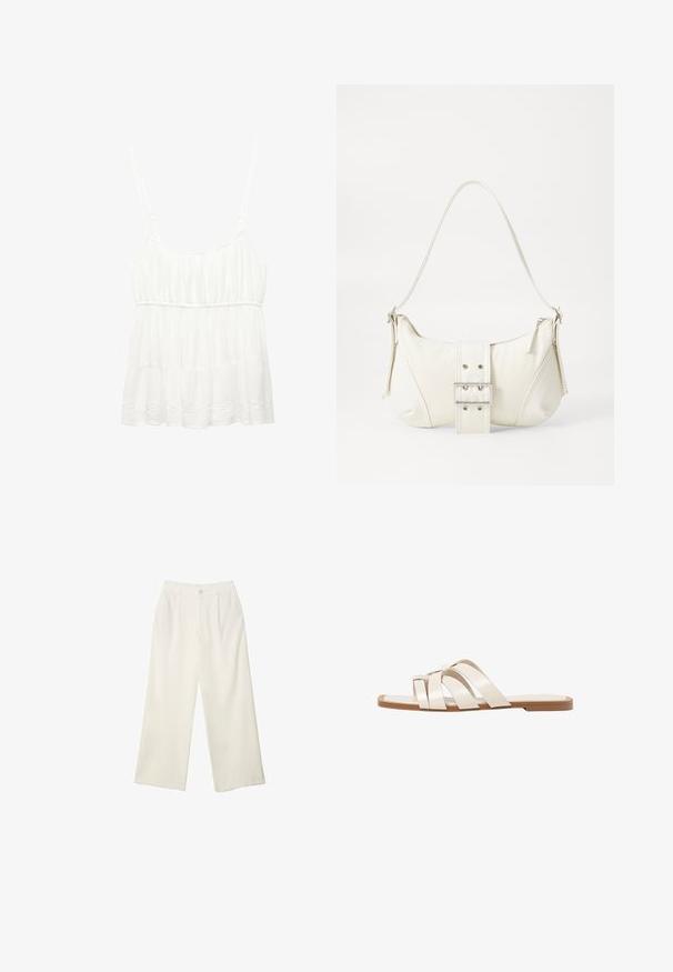 Bijela bezrukavna majica napravljena od lagane tkanine. Ima naborani rub i skupljene detalje na bustu s podesivim naramenicama.; Hlače širokih nogavica od kremaste tkanine s glatkom teksturom, s jednim prednjim gumbom, suptilnim plitvicama i visokim strukom.; Ravne sandale s smeškom od gume, dizajnirane s tri preklapajuće bele kožne trake i malim detaljem mašne u sredini.; Bijela torbica s teksturiranim završetkom, središnjim detaljem kopče i zakrivljenim oblikom. Rajsferšlusi sa svake strane.
