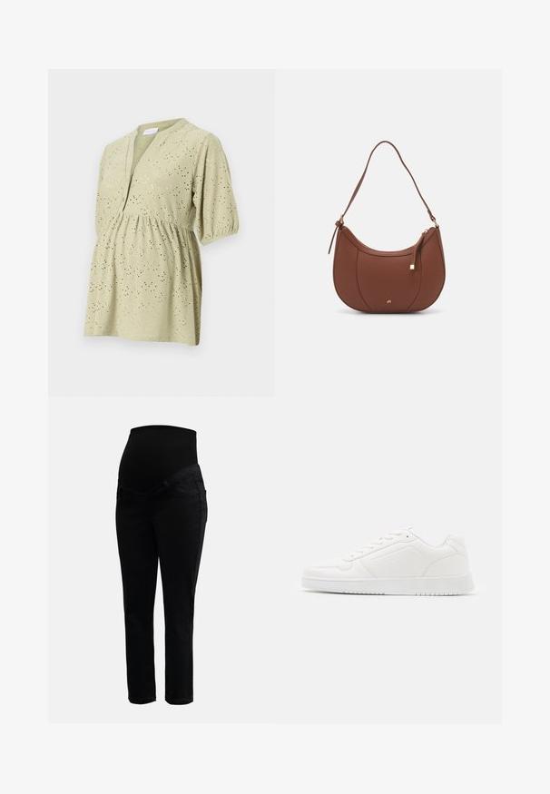 MAMALICIOUS MLANNALINE LIA - Top - tea; Black maternity jeans with stretchy high waistband and slim-fit legs, designed for comfort and support during pregnancy.; White sneaker made of smooth synthetic material, featuring a rounded toe, lace-up design, flat sole, and subtle perforated detailing.; Brown faux leather shoulder bag with curved shape, minimal stitching, and a gold-tone hardware accent. Features a top zipper closure and adjustable strap.