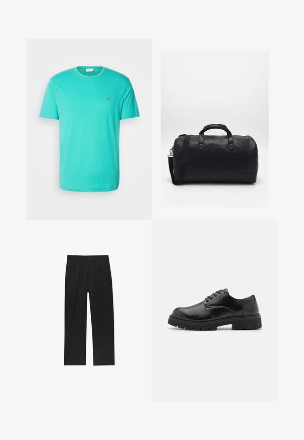GANT SHIELD - Navadna majica - türkis/lagoon blue; Črne hlače z ravnim krojem, narejene iz gladkega materiala. Imajo sprednje gube in enojno zaponko na pasu.; Črne usnjene čevlje s podolgovatim prstom, z vezalnim dizajnom in debelim, teksturiranim gumijastim podplatom. Imajo šivanje ob robu in gladko površino.; Črna torba za šport z teksturiranim sintetičnim materialom. Ima dve ročaji in nastavljiv ramenski trak. Preprost dizajn brez vidnih vzorcev.