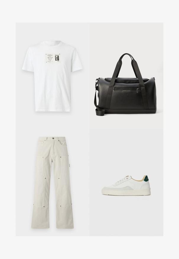 Witte katoenen T-shirt met een zwart-wit grafisch ontwerp van een schedel binnen een rechthoekige rand op de voorkant. Korte mouwen, ronde hals.; Brede, lichtbeige broeken gemaakt van katoen met een gladde textuur, voorzien van opgestikte zakken en metalen accenten.; Witte sneaker met suède accenten, ronde neus, platte veters en een crème rubberen zool. Bevat groene branding op de hiel.; Zwarte leren reistas met een gestructureerde afwerking, dubbele bovengreep, afneembare schouderband en een voorvak met rits met een logo-accent.