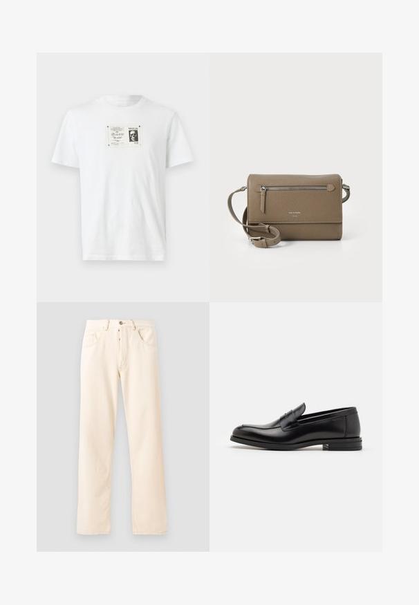 Bílé bavlněné tričko s černobílou grafikou skullu v obdélníkovém rámečku na přední straně. Krátké rukávy, kulatý výstřih.; Světlé béžové džíny s rovnými nohavicemi, pěti kapsami a předním zapínáním na knoflík. Šití viditelné podél švů.; Černé kožené polobotky s hladkou texturou, zaoblenou špičkou a zdobným páskem přes nárt. Nízký stohovaný podpatek, minimalistický design.; Taupe kožená crossbody kabelka s přední kapsou na zip, nastavitelním popruhem, texturou z jemných kostek a embosovaným logem na přední straně.