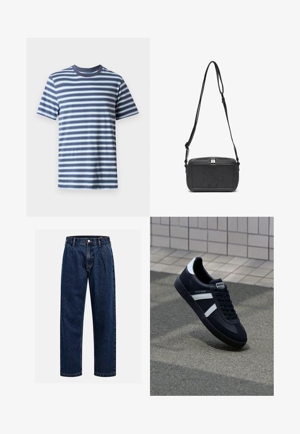 Striped t-shirt in navy blue with light blue and white horizontal stripes. Classic crew neck design, made from soft cotton fabric.; Dark blue denim jeans with a straight-leg design. Features visible stitching, a button closure, and front pleats for added detail.; Black leather sneaker with white stripes, textured rubber sole, and lace-up front. Features a branded label on the tongue.; Black leather crossbody bag with a zip closure, embossed logo on the front, and adjustable strap. Smooth texture with a rectangular shape.