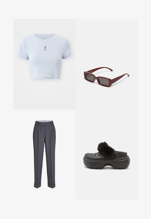 GAP TEE - Print T-shirt - jet stream blue; Dark gray tailored trousers with a straight-leg design, pleated front, and turn-up cuffs. Made from smooth fabric, featuring a classic waistband.; Black clogs with a soft, fuzzy upper band, featuring perforations on the front and a textured heel for grip. Lightweight and slip-on design.; Burgundy rectangular sunglasses with dark lenses, thick frames, and tapered temples. Made of glossy plastic with a smooth texture.; Burgundy leather handbag with gold clasp, structured shape, top handle, and adjustable shoulder strap. Model wears a denim jacket.