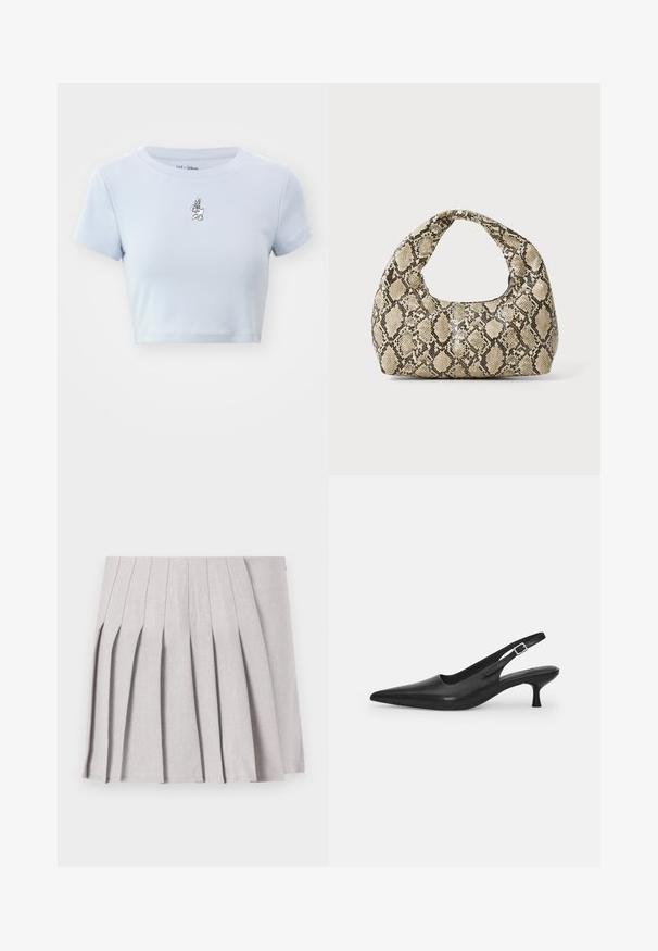 GAP TEE - Tričko s potlačou - jet stream blue; Sivá plisovaná sukňa s hladkým povrchom, s viacerými vertikálnymi skladmi a priliehavým pásom. Vyrobená z ľahkého materiálu.; Čierne kožené sandále s úzkym špičatým prstom a štíhlym zakriveným podpätkom. Majú diskrétny nastaviteľný popruh s kovovou sponou.; Kabelka s hadím vzorom a zakriveným rukoväťou. Vyrobená z textúrovaných béžových a hnedých materiálov, s charakteristickým diamantovým vzorom.