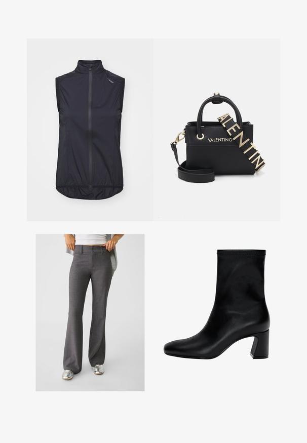 Černá cyklistická vesta bez rukávů s vysokým límcem, předním zipem, ergonomickým střihem a elastickým lemem. Vyrobena z lehkého, prodyšného materiálu.; Šedé kalhoty s rozšířenými nohavicemi vyrobené z texturované látky, s dvoubodovým zapínáním a poutky na opasek, kombinované se stříbrnými lesklými teniskami.; Černé kotníkové boty vyrobené z hladké kůže. Mají čtveratou špičku, elastický vršek a masivní podpatek pro stabilitu. Minimalistický design.; Černá texturovaná kožená kabelka se zlatými kovovými doplňky, dvojitými rukojetmi a odnímatelným ramenním popruhem s vyraženým názvem značky.