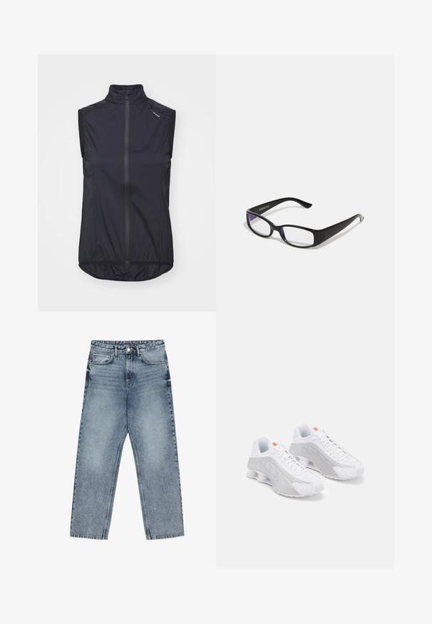 Černá cyklistická vesta bez rukávů s vysokým límcem, předním zipem, ergonomickým střihem a elastickým lemem. Vyrobena z lehkého, prodyšného materiálu.; Světle modré džíny z denimu se střihom rovnými nohavicemi, viditelným šitím, designem s pěti kapsami a knoflíkovým zapínáním v pase.; Bílé běžecké boty s šedými akcenty, s texturovaným svrškem, perforacemi pro ventilaci a segmentovanou patou pro odpružení.; Černé obdélníkové brýle s průhlednými čočkami. Lesklý povrch, úzké ramínka a fialový nádech viditelný na okrajích čoček.