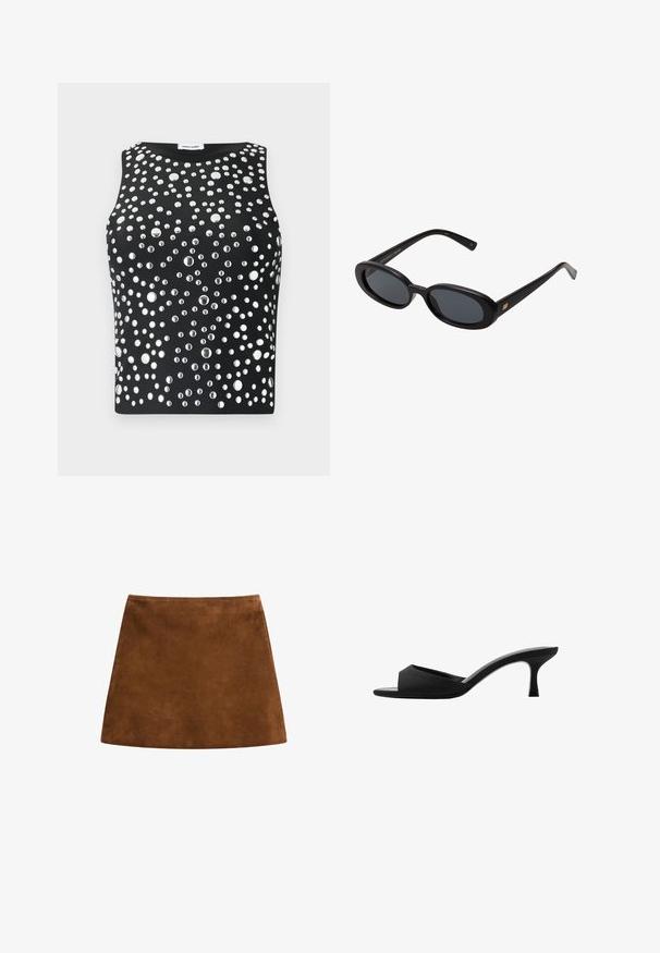 Schwarzes ärmelloses Top mit einem verzierten Design aus unterschiedlich großen metallischen Nieten, die gleichmäßig im Stoff verteilt sind. Glatte Textur.; Brauner Wildleder-Minirock mit glatter Textur, A-Linien-Form und sauberem Saum. Keine sichtbaren Beschläge oder Muster. Einfaches und elegantes Design.; Schwarze Absatzmules mit einer breiten, offenen Zehenpartie und einem geschwungenen Oberteil. Hergestellt aus strukturiertem Stoff, mit einem schlanken Absatz und einer glatten Sohle.; Schwarze, oversized Sonnenbrillen mit ovalen Gläsern, glattem Kunststoffrahmen und goldenen Akzenten an den Bügeln. Die dunklen Gläser bieten Sonnenschutz.