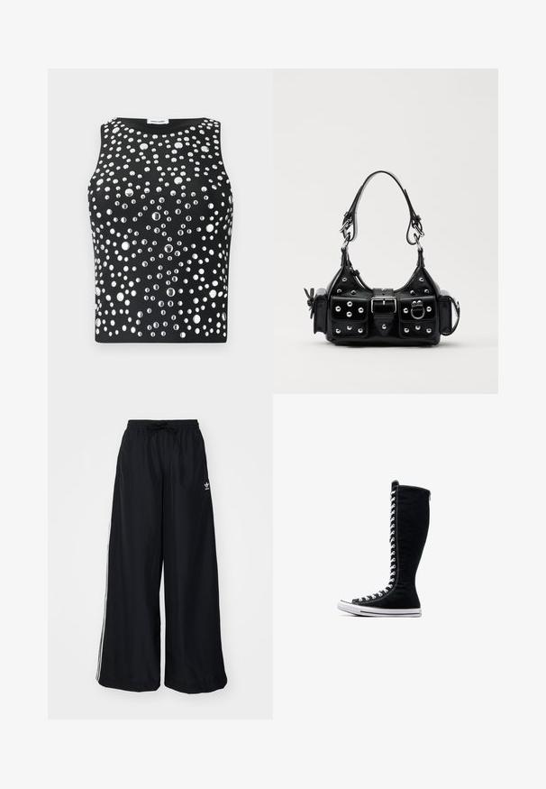 Top sem mangas preto com um design adornado de tachas metálicas de tamanhos variados dispostas por todo o tecido. Textura suave.; Calças largas pretas feitas de um tecido leve. Apresenta uma cintura elástica com cordão e riscas brancas laterais. Logótipo da marca na anca.; Tênis de cano alto pretos com um design alto, feitos de lona. Apresentam atacadores brancos, costura e uma sola de borracha com biqueira.; Bolsa de couro preta com um design curvado, apresentando tachas prateadas, uma fivela e dois bolsos laterais. Alça ajustável para opções de transporte.