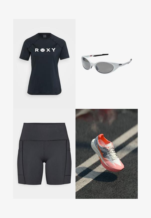 Melns īsām piedurknēm T-shirta ar elastīgu materiālu, kurai priekšpusē ir balta "ROXY" izpildījuma zīme un apaļa kakla dizains.; Melni augstās jostas šorti, izgatavoti no elastīga auduma, ar sānu kabatām, gludām šuvēm un gludu tekstūru, kas nodrošina komfortu aktivitāšu laikā.; Skriešana apavi ar baltu un rozā augšdaļu, ar sietveida tekstūru, atstarojošiem akcentiem un mīkstinātu zoli. Vieglas konstrukcijas, lai uzlabotu sniegumu.; Baltas plastmasas saulesbrilles ar lieliem ovālas formas lēcām, pelēks toņos. Tām ir melni auss turētāji un neliela logo uz rāmja. Gluda apdare.
