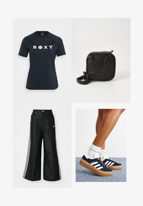Musta lyhythihainen rash guard, joka on valmistettu joustavasta materiaalista. Edessä on valkoinen "ROXY"-logo ja pyöreä kaulussuunnittelu.; Mustat leveät farkut kolmella valkoisella raidalla jokaisella sivulla ja pienellä valkoisella logolla. Ominaisuuksiin kuuluvat etutaskut ja napitus.; Musta mokkanahkainen tennari, jossa valkoiset raidat ja yksityiskohdat, pyöreä kärki, purukumipohja, yhdistetty valkoisiin ribbineuleisiin nilkkasukkiin.; Mustikka neliö muotoinen olkalaukku, joka on valmistettu teksturoidusta synteettisestä materiaalista. Varustettu kohotetulla logolla ja säädettävällä hihnalla. Vetoketjukiinnitys.