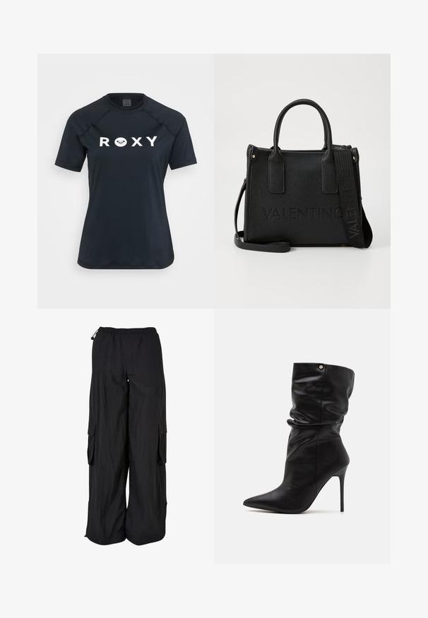 Juoda trumpa rankovė sportinė marškinė, pagaminta iš elastingos medžiagos, su balta "ROXY" logo priekyje ir apvalia kaklo iškirpte.; Juodos kargo kelnės su elastinga juosmens juosta, laisvas siluetas, lengvos medžiagos, šoninės kišenės ir subtilus tekstūruotas paviršius.; Even&Odd Wide Fit Aukštakulniai aulinukai - black; Juoda tekstūruota rankinė su dviem viršutinėmis rankenomis, nuimama petneša, įspauduotu ženklinimu ir auksaspalviais apdailos elementais.