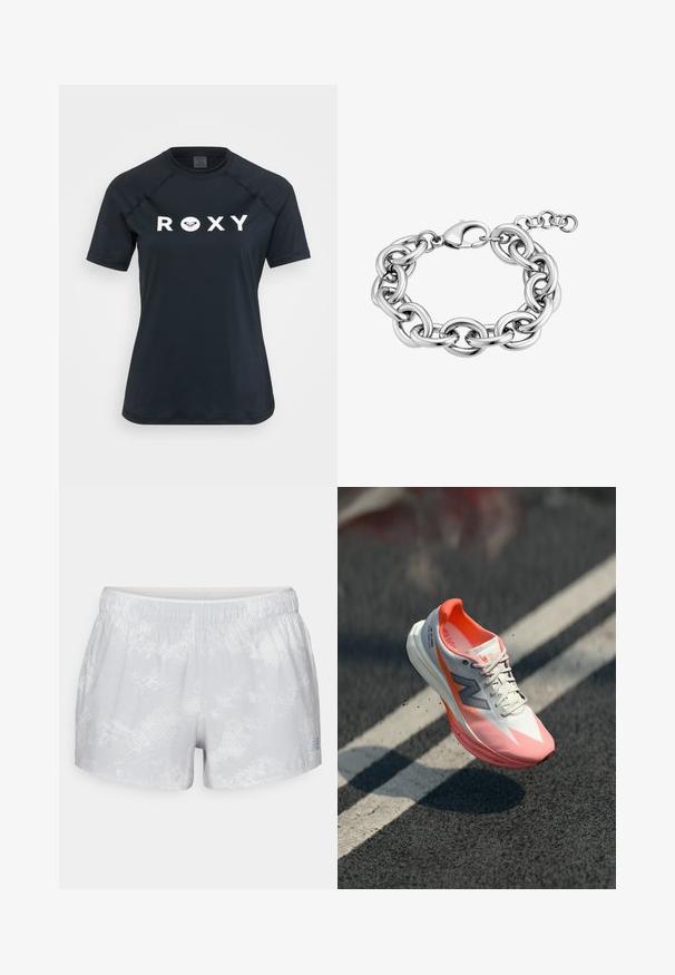 Musta lyhythihainen rash guard, joka on valmistettu joustavasta materiaalista. Edessä on valkoinen "ROXY"-logo ja pyöreä kaulussuunnittelu.; New Balance PRINTED SHORT - Urheilushortsit - grey matter; Juoksukengät valkoisella ja vaaleanpunaisella päällisellä, jossa on verkkomateriaali, heijastavat yksityiskohdat ja pehmustettu pohja. Kevyt muotoilu suorituskykyä varten.; Hopeaketju, jossa on hopeanvärisiä metallisia, toisiinsa kytkeytyviä soikeita ja pyöreitä lenkkejä, varustettuna luiska-aukko- ja säädettävällä ketjusiteellä.