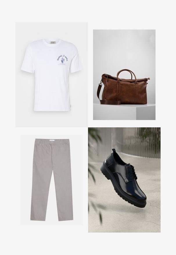 White cotton t-shirt with short sleeves. Features a blue graphic print on the chest of an ice cream cone and brand name "Scotch & Soda."; Light gray cotton pants with an elastic waistband, two side pockets, straight leg design, and a smooth texture. Simple stitching detail.; Black leather shoe with a glossy finish, round toe, lace-up design, contrast stitching, and a thick rubber sole with tread patterns.; Brown leather duffle bag with a zip closure, double handles, adjustable shoulder strap, and visible texture patterns on the surface.
