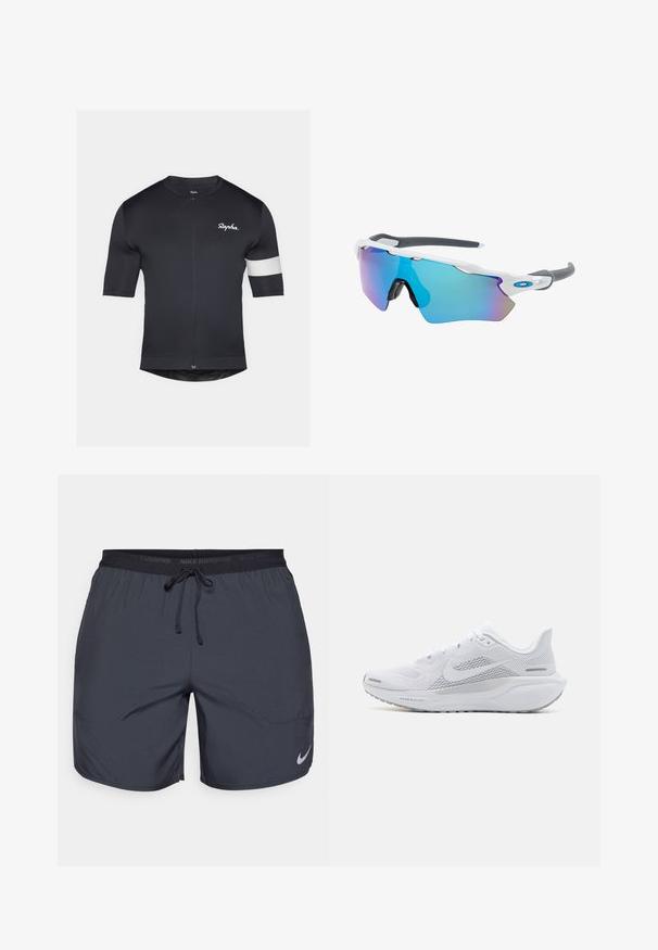 Czarna koszulka rowerowa z krótkim rękawem, pełnym zamkiem błyskawicznym i białym paskiem na lewym ramieniu. Gładka tekstura tkaniny, dopasowany krój.; Krótki spodenki do biegania Nike w ciemnoszarym kolorze, z elastycznym pasem w talii i sznurkiem ściągającym oraz srebrnym akcentem logo na dolnej części prawej nogawki.; Białe buty sportowe z siateczkową cholewką, gładkimi naszywkami, szarymi akcentami, sznurówkami i amortyzowaną podeszwą zaprojektowaną z myślą o wydajności.; Okulary przeciwsłoneczne z białą oprawą, szarymi akcentami i niebieskimi lustrzanymi soczewkami. Sportowy design, kształt otaczający, z regulowanymi noskami.