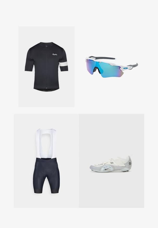 Black cycling jersey with short sleeves, full-length zipper, and white stripe on the left arm. Smooth fabric texture, fitted design.; Men's cycling shorts with white bib straps, made of stretchy fabric; navy color with a padded seat for comfort and minimal seams.; White and silver cycling shoes with a mesh upper, textured accents, adjustable straps, and a rubber outsole for grip and stability.; Sunglasses with a white frame, gray accents, and blue mirrored lenses. Sporty design, wraparound shape, and adjustable nose pads.