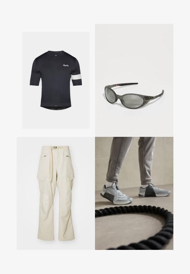 Zwart fietsjersey met korte mouwen, volledige rits en een witte streep op de linkermouw. Glad stoftextuur, aansluitend ontwerp.; Beige cargobroek met een wijde pijp, een ceintuur, twee zijzakken en kniestukken. Gladde textuur met versterkte stikdetails.; Grijze en witte Nike sneakers met een gestructureerde mesh bovenkant, rubberen zool en laterale ondersteuning. Geplaatst naast een zwart fitness touw.; Grijze zonnebril met een gestructureerd, patroonframe. Ovale lenzen en slanke armen hebben een zwarte accent. Lichtgewicht composietmateriaal.