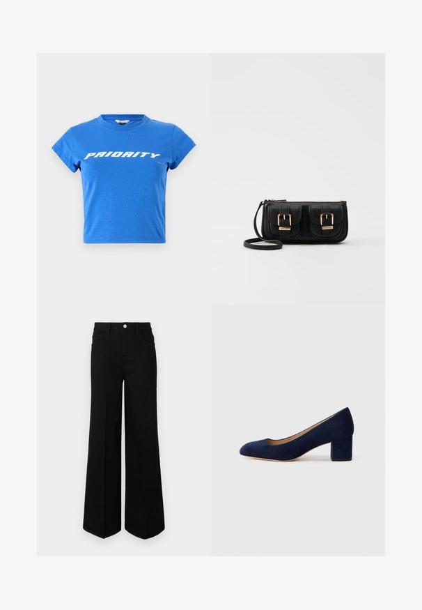 Blå bomullscroppt t-shirt med korta ärmar och rund halsringning, med "PRIORITY" tryckt i fet vit text över bröstet.; Svarta vida jeans i kraftig tyg, med hög midja, framfickor och knäppning fram. Slät fåll längst ner.; Mörkblå mockapumps med spetsig tå och medelhög blockklack. Slät textur med en subtil glans och en liten utskärning framtill.; Svart läderaxelväska med två framfickor, guldspännen, dragkedjestängning och en smal rem. Texturerad yta och kompakt rektangulär form.