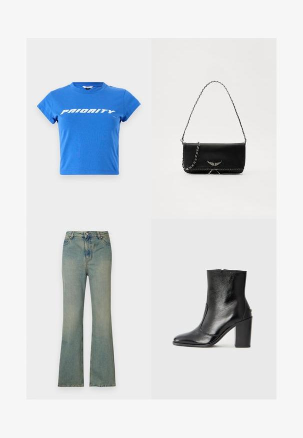 Mėlynas medvilninis trumpas marškinėliai su trumpomis rankovėmis ir apvalia kaklo iškirpte, su žodžiu "PRIORITY" spausdintu ryškiu baltu tekstu per krūtinę.; Šviesiai mėlynos džinsinės kelnės su plačiais apatiniais, aukštu liemeniu, penkiomis kišenėmis ir užtrauktuku. Švarus, išblukęs apdaila su subtiliomis siuvimo detalėmis.; Juodas odinis kulkšninis batas su lygiu paviršiumi, smailiu pirštu ir masyviu aukštu kulnu. Savybė - šoninis atidarymas ir minimalistiškas dizainas.; Juodas odinis delninukas su sidabro spalvos grandinele, papuoštas dekoratyviniais sparnų akcentais ir balta siūle apačioje.