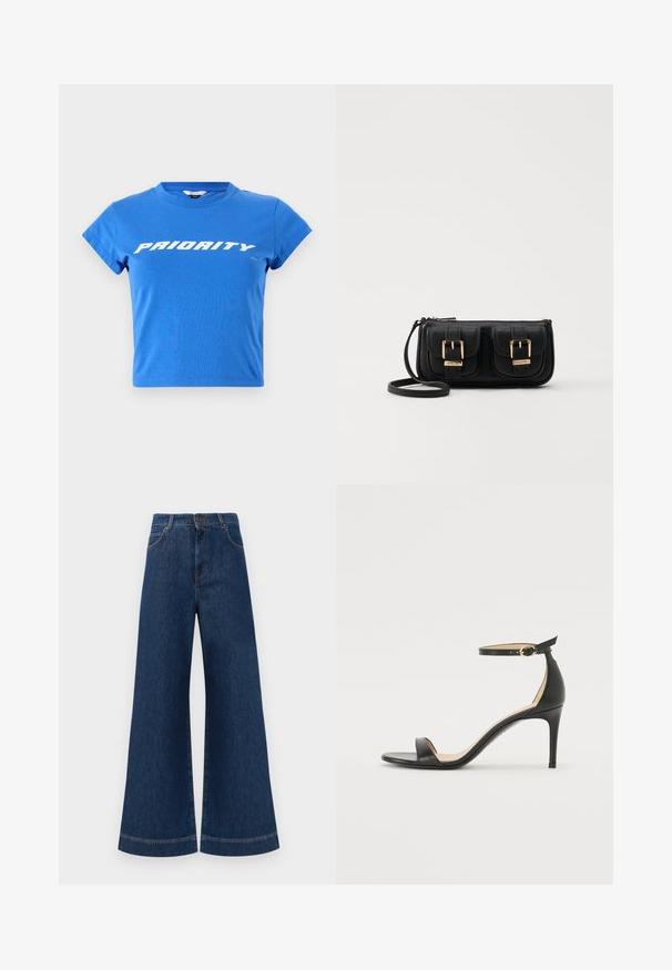 Blaue Baumwoll-Crop-Top mit kurzen Ärmeln und rundem Halsausschnitt, mit dem Aufdruck "PRIORITY" in fettem weißen Text über der Brust.; Weite blaue Jeans aus Denim mit hoher Taille, ausgestattet mit einem Knopfverschluss, Gürtelschlaufen und dezenten Stichdetails an den Taschen und Säumen.; Schwarze Leder-high-heeled Sandale mit Knöchelriemen. Verfügt über eine glatte Textur, offene Zehen und einen dünnen Absatz. Goldfarbener Schnallenakzent.; Schwarze Leder-Umhängetasche mit zwei vorderen Taschen, goldenen Schnallen, Reißverschluss und einem schmalen Tragegurt. Texturierte Oberfläche und kompakte rechteckige Form.
