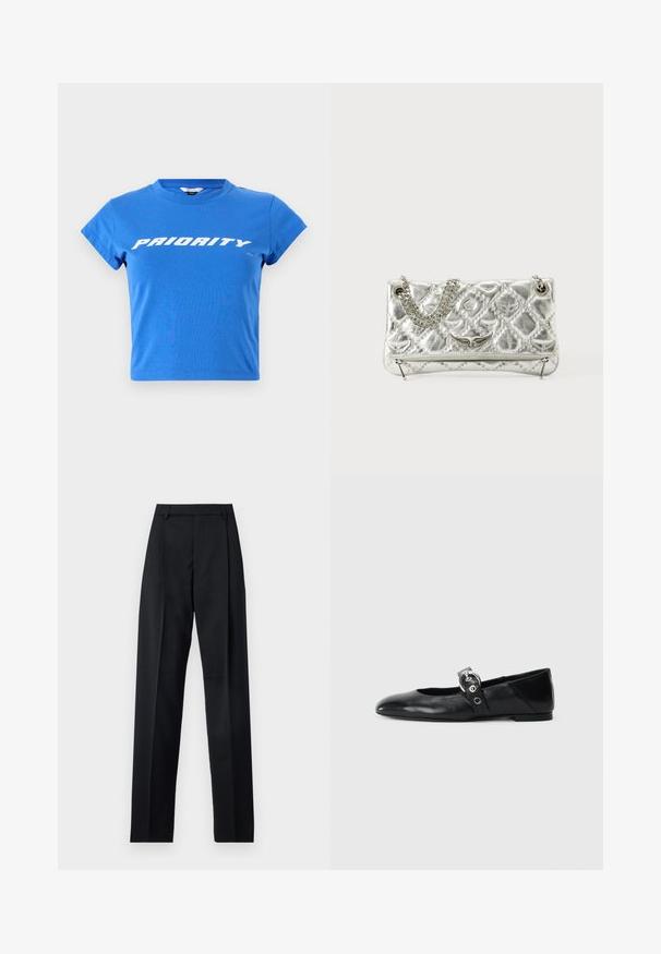 Sininen puuvillasta valmistettu lyhythihainen cropped t-paita, jossa on pyöreä kaula-aukko ja rintaosassa rohkeasti valkoisella tekstillä "PRIORITY".; Musta housut, jotka on valmistettu sileästä kankaasta ja joissa on korkea vyötärö, leveät lahkeet, etukaarteet ja klassiset vyölenkit. Ei näkyviä sivutaskuja.; Mustat nahka ballet-mokkasiinit, joissa on kärjellinen muoto, ympyrämäinen metallinen solki ja tasapohja.; Hope penkki, jossa on metallinhohtoinen pinta, ketjuhandle, tikattu tekstuuri, koristeelliset ompeleet ja vetoketjukiinnitys. Edessä on kohokuvioituja koristeita.