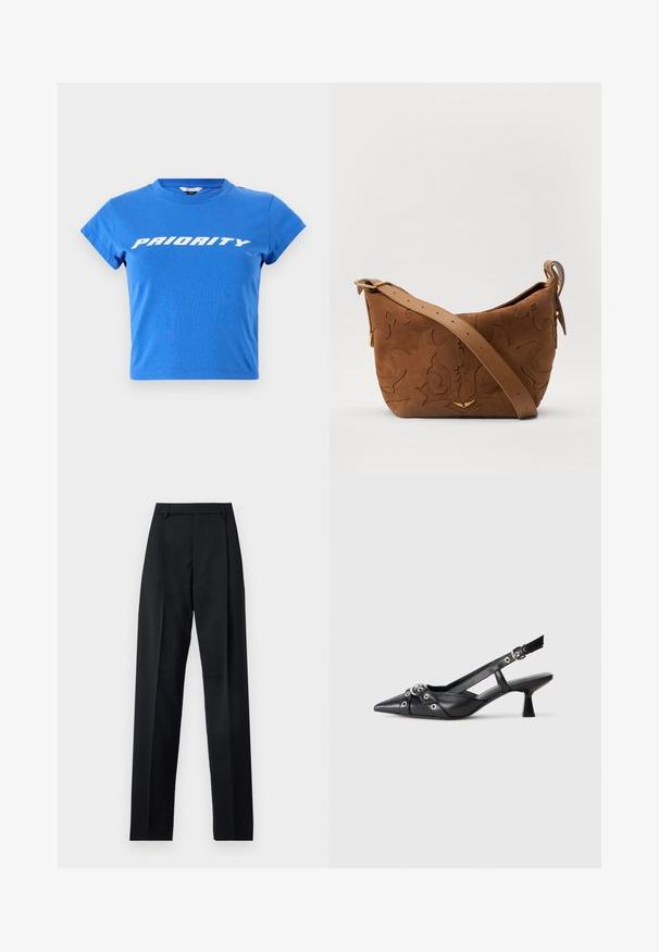 Blue cotton cropped t-shirt featuring short sleeves and a round neckline, with "PRIORITY" printed in bold white text across the chest.; Black trousers made from smooth fabric featuring a high waist, wide legs, front pleats, and classic belt loops. No side pockets visible.; Black leather slingback shoe with a pointed toe, decorative straps featuring metal eyelets, and a low block heel. Textured surface.; Brown suede shoulder bag with embossed floral design, complemented by a smooth brown leather strap and gold-tone hardware accent.