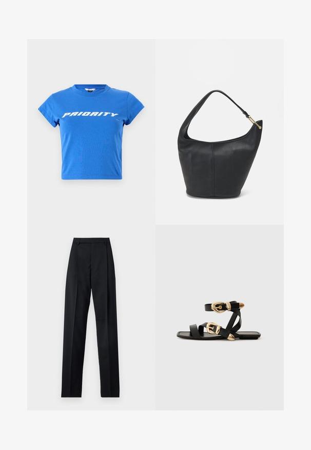 Blå bomulds cropped t-shirt med korte ærmer og rund halsudskæring, med "PRIORITY" trykt i fed hvid tekst på brystet.; Sorte bukser lavet af glat stof, der har høj talje, brede ben, frontfolder og klassiske bælteløkker. Ingen synlige sidelommer.; Sorte lædersandaler med guldspænde detaljer, der har flere stropper og et fladt såldesign til åbne tåer.; Sort læderhandtaske med en rund form, bred rem og textured finish. Har en subtil sømdetalje og en hardware i gyldent tone.