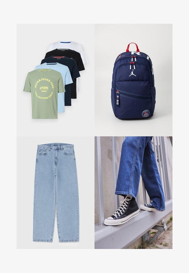 Fem T-shirts visas i rad: olivgrön, ljusblå, marinblå, svart och vit. Var och en har en rundad halsringning och olika logotyper.; Ljusblå denimjeans med rak bendesign, midjehög midja, fem fickor samt knapp- och dragkedjestängning.; Svarta högskurna sneakers med vit sula och snören, tillsammans med lösa blå jeans, vilande på ett grått räcke.; Marinad ryggsäck med röda accenter, flera zip-plånböcker, logotyp patchar och justerbara remmar. Tillverkad av slitstark tyg.