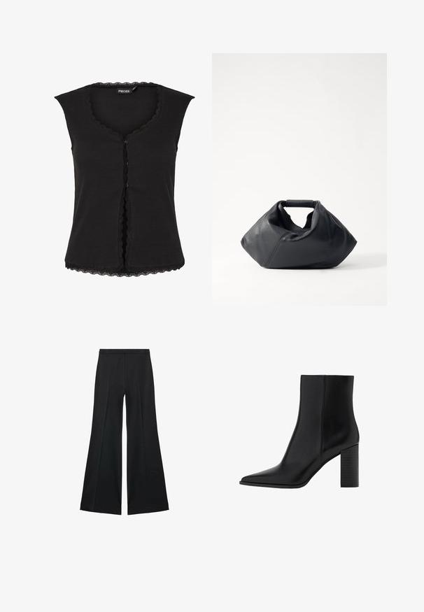 Black sleeveless top made of ribbed fabric, featuring a scalloped neckline and front buttons, with a lacy trim at the bottom hem.; Black wide-leg pants with a smooth texture, featuring front pleats and a tailored design. The fabric is lightweight and flowy.; Black leather ankle boot with a pointed toe, square heel, smooth texture, and stitching details along the seams. Heels measure approximately 3.5 inches.; Black leather bag with a textured exterior, unique crumpled shape, and a short handle. Features a single main compartment.