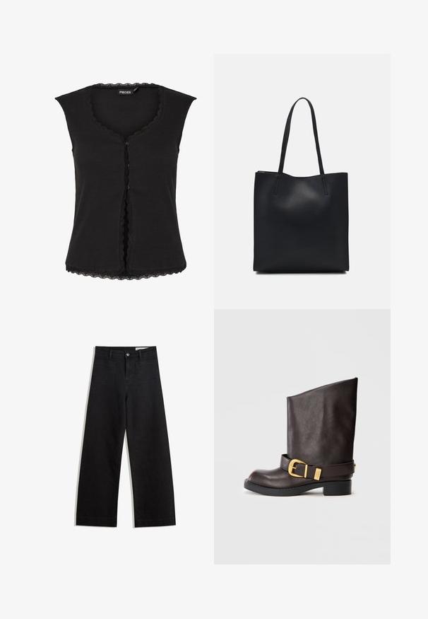 Črna brezrokavnica iz rebraste tkanine, s valovitimi robovi okoli vratu in sprednjimi gumbi, ter čipkastim robom na dnu.; Črne široke denim hlače z visokim pasom, ki imajo sprednje in zadnje žepe, šivane šive ter gumbasto zapiranje. Gladka tekstura.; Temno rjave usnjene čevlje do polovice meča z črnimi podplati, nizkim peto in dekorativnim zlatim pasom okoli gležnja, prikazano s strani.; Črna usnjena torba s svilnato teksturo, pravokotne oblike in dvema dolgima ročajema. Brez vidnih metalnih delov ali okrasnih elementov.