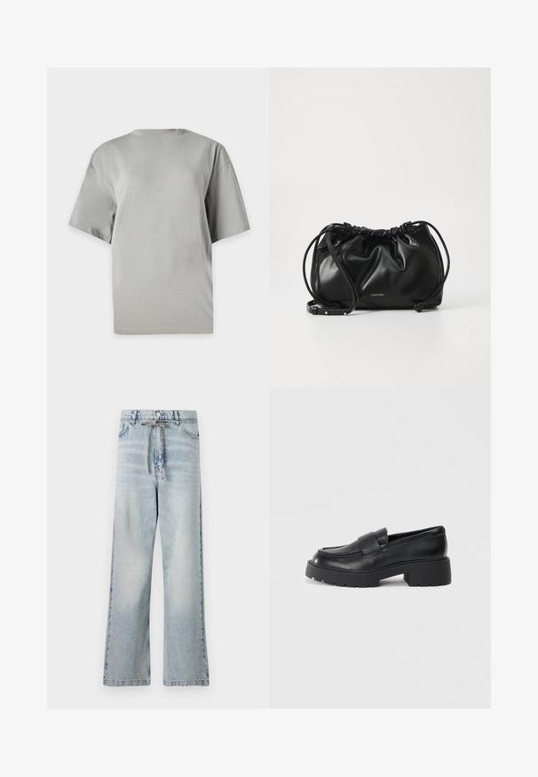 Grå oversized t-skjorte laget av myk bomull. Har en rund hals og korte ermer, med en jevn tekstur og uten mønstre.; Lyseblå vide jeans laget av denim, med høy midje, frontlommer og snøring i midjen. Slitt tekstur.; Sorte lærloafers med en teksturert overflate, med en rektangulær stropp over vampen og en kraftig, klumpete såle.; Svart lærveske med samlet design, dobbel snoråpning og avtagbar skulderrem. Har metallisk logodetalj.