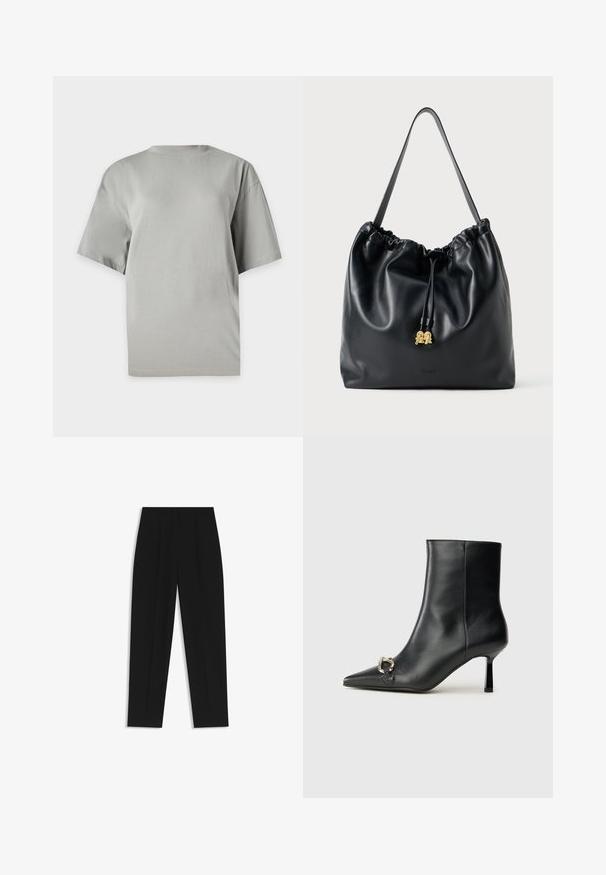 Harmaa ylipitkä t-paita, joka on valmistettu pehmeästä puuvillasta. Siinä on pyöreä pääntie ja lyhyet hihat, sekä sileä pinta ilman kuvioita.; Mustat housut suoran istuvuuden kanssa, joissa on kaksinkertaiset laskokset, sileä pinta ja klassinen vyötärönauhan muotoilu. Ei näkyviä metalliosia tai koristeita.; Musta nahkasaapas nilkkapituisilla, terävillä kärjillä, hoikalla keskipituisella korolla ja hopeavöillä sivussa yksinkertaista taustaa vasten.; Musta nahkainen nyörilaukku, jossa on sileä pinta, kerätty yläosa ja hillitty kultainen pieni kaluste. Varustettu yhdellä tukevalla hihnalla ja kohokuvioidulla logolla.