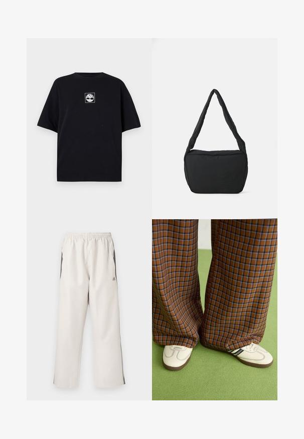Čierne bavlnené tričko s voľným strihom, s bielou štvrtcovou potlačou loga zobrazujúcou strom na hrudi. Krátke rukávy a okrúhly výstrih.; Svetlo béžové športové nohavice s elastickým pásom, bočnými vreckami, čiernymi postrannými pruhmi a logom Adidas na ľavom stehne. Hladká textúra látky.; Hnedé a modré kárované nohavice s širokými nohavicami skombinované s bielymi topánkami s čiernymi akcentmi a textúrovanými podrážkami, umiestnené na zelenom pozadí.; Čierna ramenná taška s polstrovanou textúrou, zaobleným tvarom a širokým popruhom, s embosovaným logom na prednej strane.