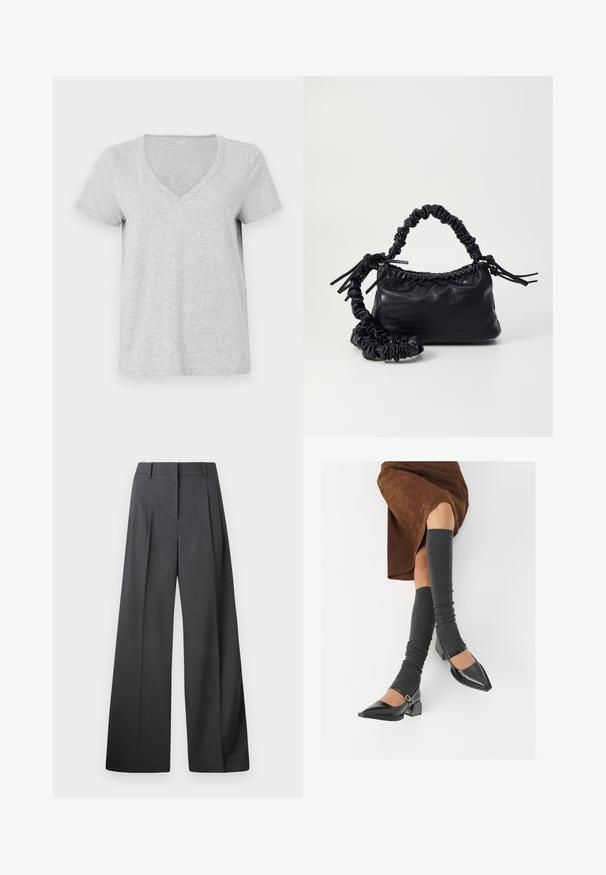 Pilkas v-kaklo marškinėliai, pagaminti iš švelnaus medvilnės audinio, su trumpomis rankovėmis ir laisvu siluetu, su lygiu paviršiumi ir be raštų ar akcentų.; Tamsiai pilkos plačios kojos kelnės, turinčios aukštą liemenį, vieną raukšlę ir sklandžią tekstūrą su tvarkingais kraštais.; Juodi lakuoti odiniai batai su aštriu kuma ir bloko kulnu, derinami su pilkais riebiais kojų šildytuvais ir rudais zomšiniais sijonais.; Juodas dirbtinės odos rankinė su krokodilo tekstūra, sušnibždinta viršuje ir susikraipytu dirželiu. Atrodo minkšta ir kompaktiška.