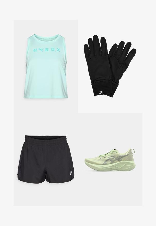 Heledatürkiissinine tanko, mis on valmistatud pehmest kangast, ümar kaelus ja laiade käeaukudega, millel on tumedamatürkiises trükitud sõna "HYROX".; Mustad must sportliku elastse vööga, siledat tekstuuri, kaardus alläärega ja külgmistevõrkaktsentidega. Esiküljel on väike logo.; Heled roheline sportlik jalane, millel on võrgust ülemine osa, tekstuuriga aktsendid ja paks, nurga all olev tallatoe, mis tagab parema pehmenduse ja toe.; Mustad mustruudid, mis on valmistatud pehmest, venivast kangast ja istuvad mugavalt. Neil on paks randmeosa ja väike logo silt kumbagi ranna peal.